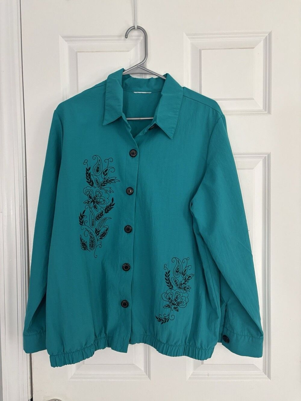 Vintage Teal Button Down Windbreaker Shirt Jacket Teal Embroidery Button Down LG